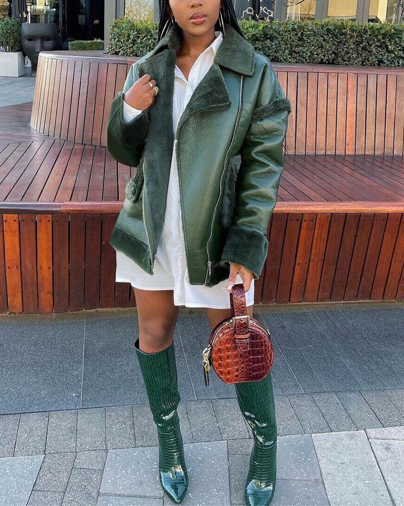 

Zipper Front Fuzzy Detail PU Leather Puffer Coat, Green