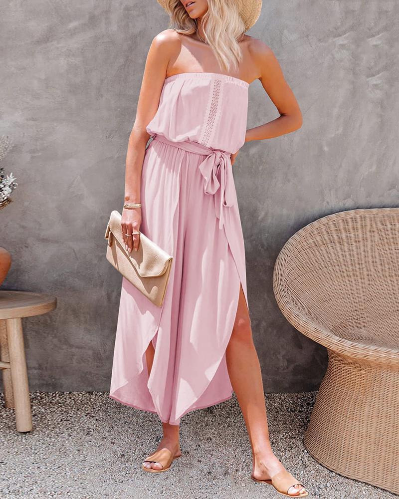 

Flowy Bandeau Lace Patch Slit Wide Leg Jumpsuit, Pink