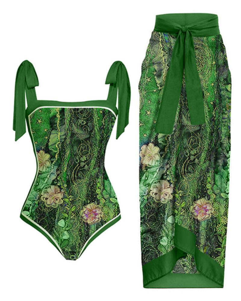 

Green Plants Floral Print One Piece Swimsuit With Cover Up Skirt