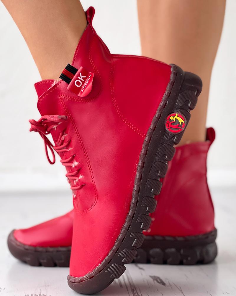 

PU Leather Lace-up Ankle Boots, Red