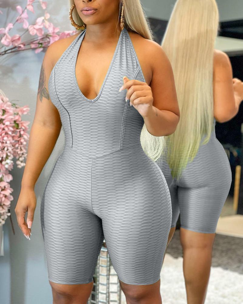 

Textured Halter Backless Active Romper, Gray