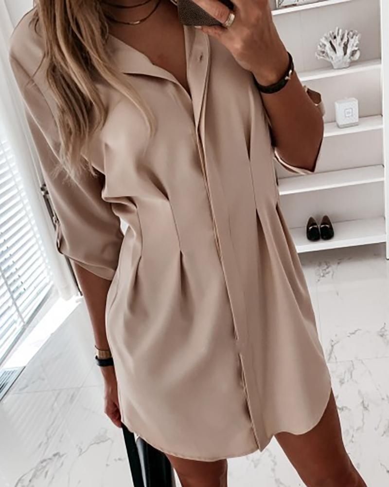 

Plain Long Sleeve Button Design Shirt Dress, Khaki