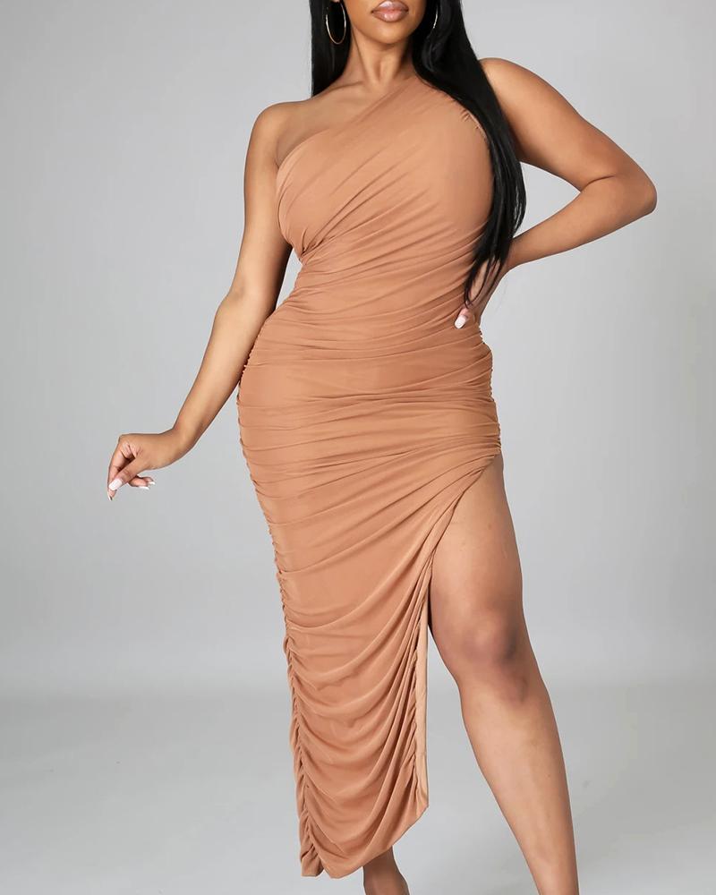 

One Shoulder Ruched High Slit Party Dress, Khaki