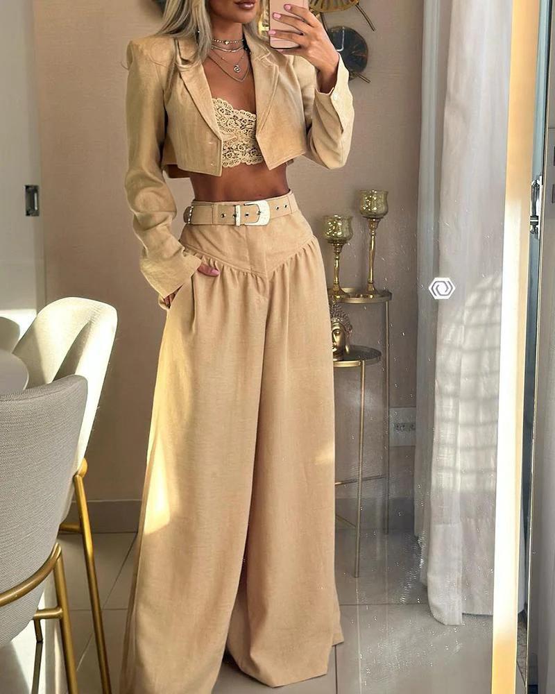 

Notched Collar Crop Blazer Coat & Wide Leg Ruched Pants Set, Khaki