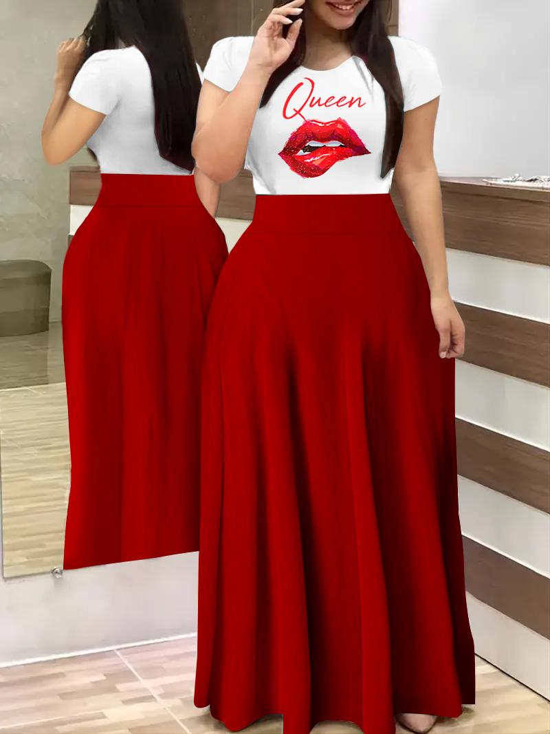 

Plus Size Queen Letter Lip Print Short Sleeve Maxi Dress, Red