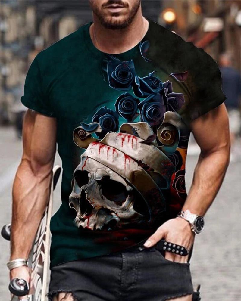 

Multicolor Rose & Skull Print Short Sleeve T-shirt, Black