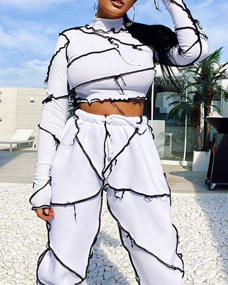 

Contrast Stitch Long Sleeve Crop Top & Drawstring Sweatpants Set, White