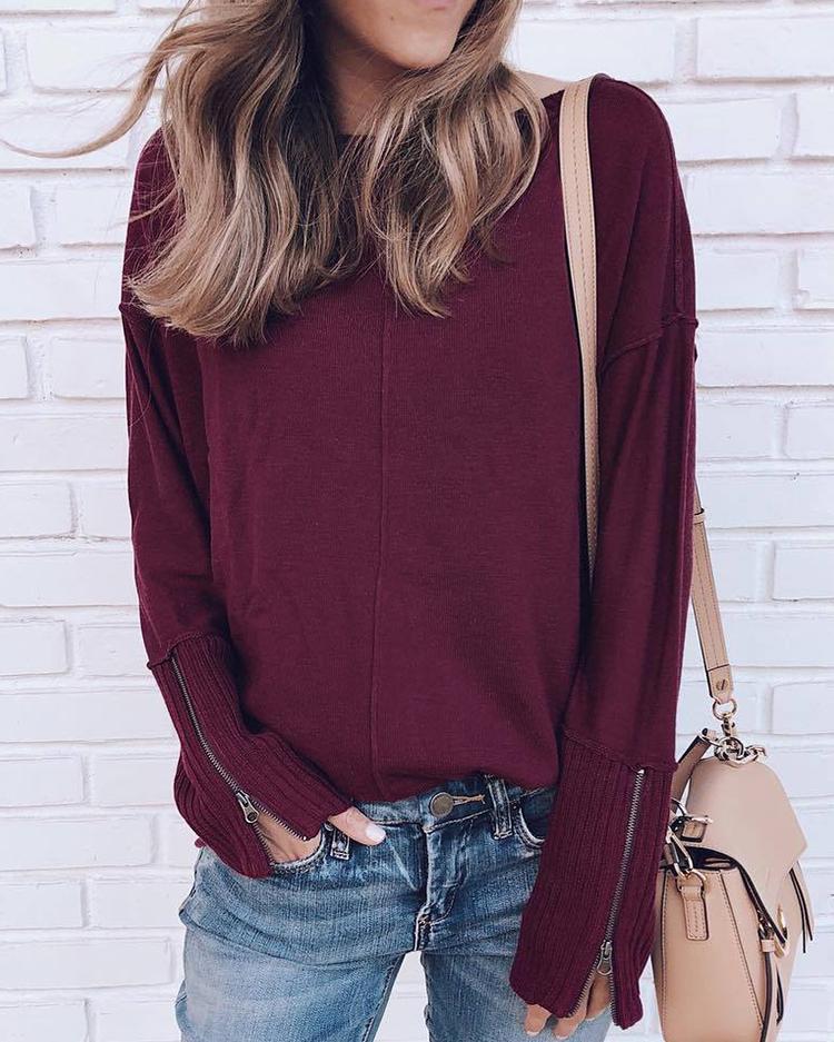 Solid Zipper Long Sleeve  Top