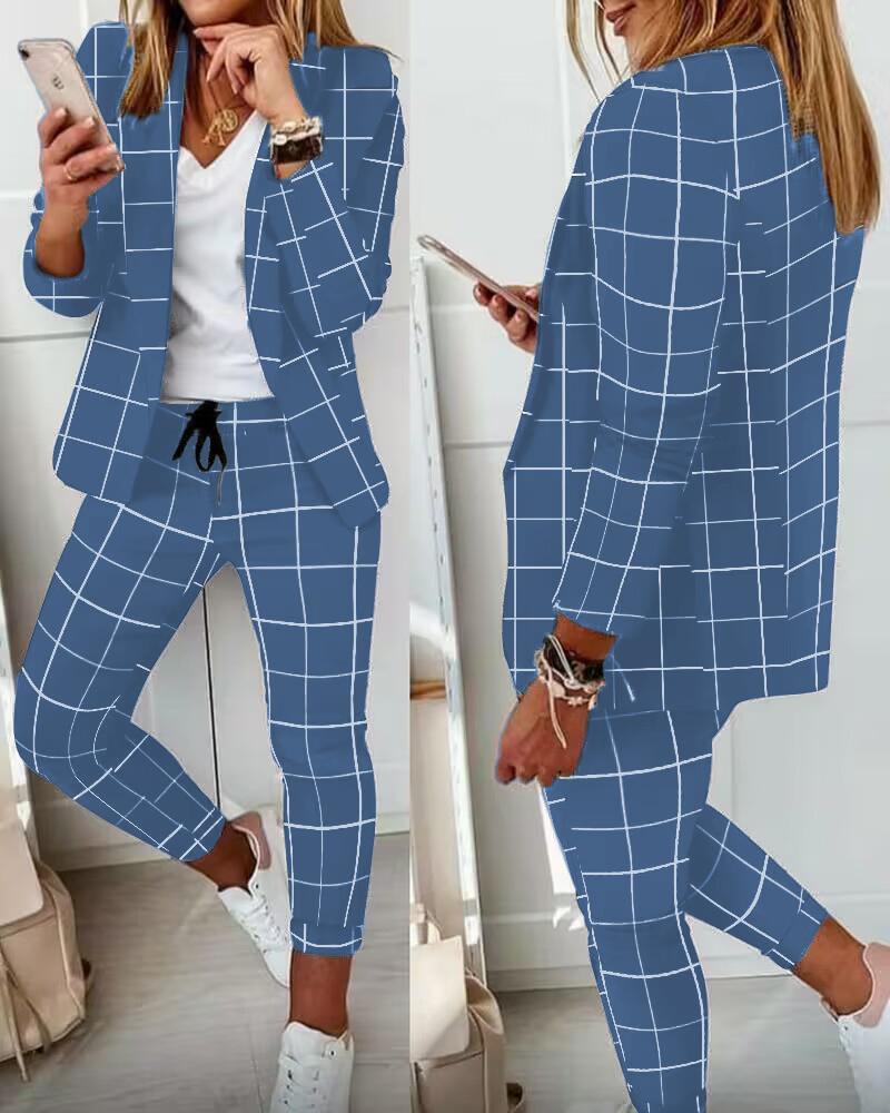 

Plaid Print Blazer & Drawstring Pants Set, Blue