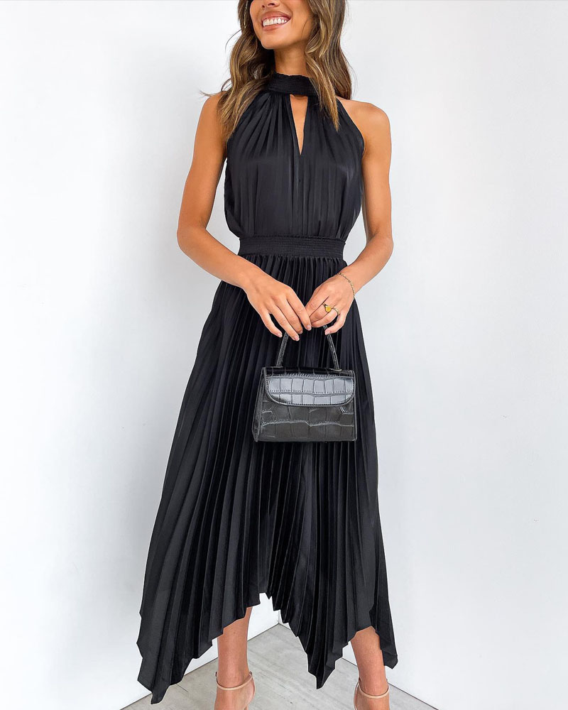 

Sleeveless Asymmetrical Halter Pleated Dress, Black