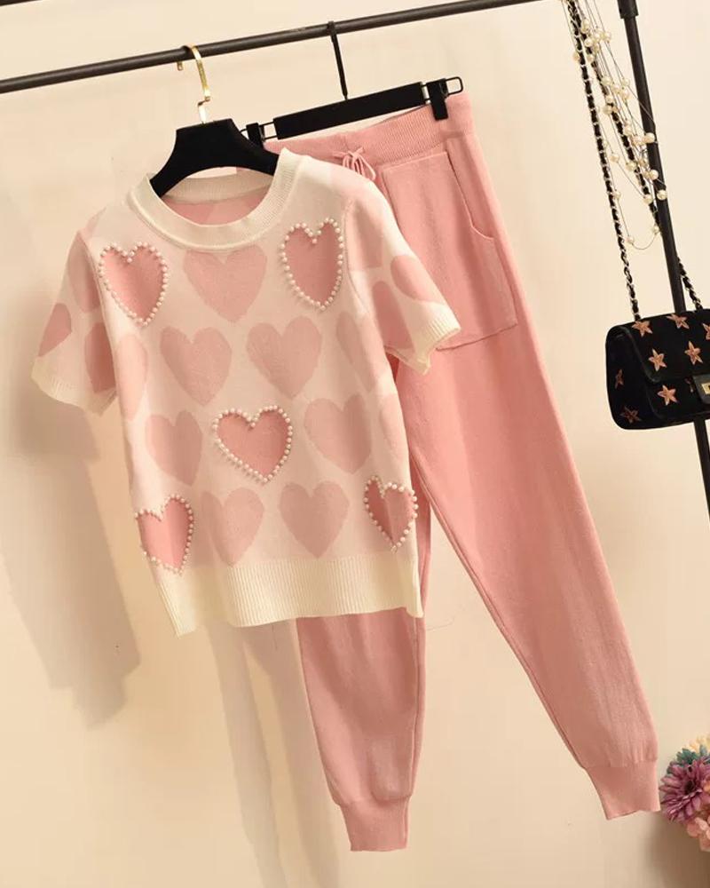 

Heart Print T-Shirt & Pants, Pink