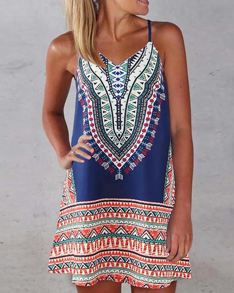 

Spaghetti Strap Print Casual Dress, Dark blue