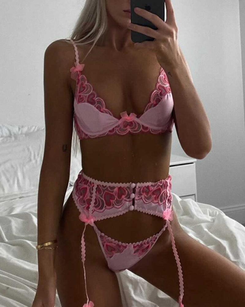 

Heart Embroidery Lace Skinny High Waist Sexy Sets, Pink
