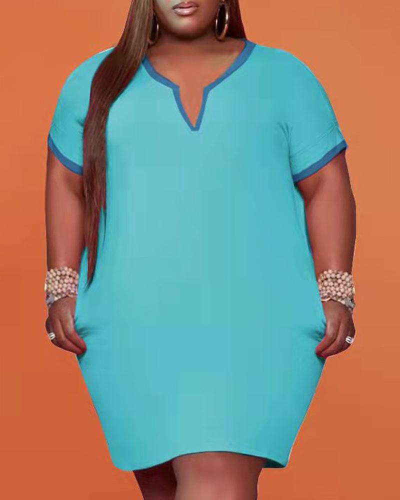 

Plus Size Contrast Binding V-Cut Casual Dress, Lighted blue