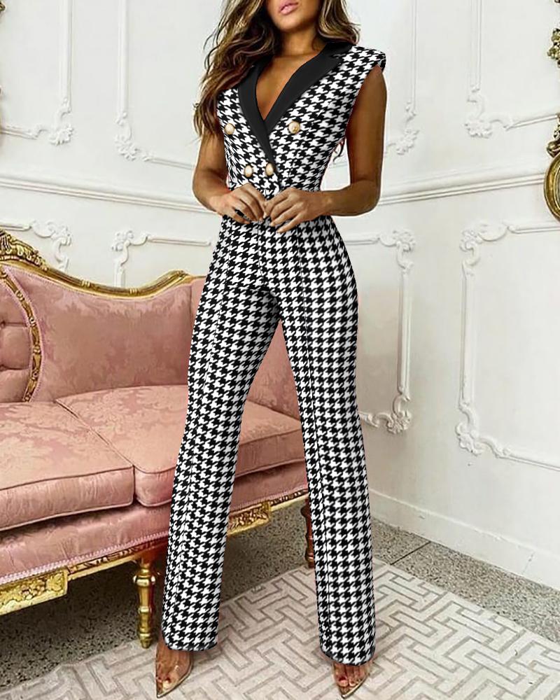 

Houndstooth Print Double Breasted Sleeveless Blazer Jumpsuit Elegant Work Jumpsuit, Black&white