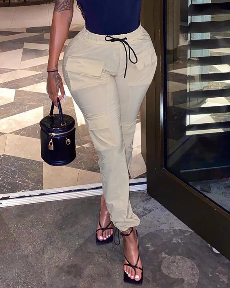 

High Waist Drawstring Pocket Design Cuffed Pants, Beige