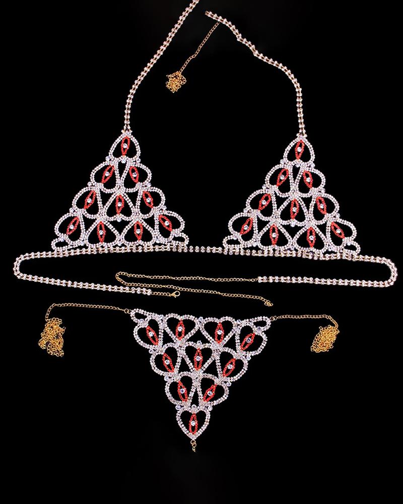 Cadena de cuerpo de diamantes de imitación en bloques de color en forma de corazón sin bralette