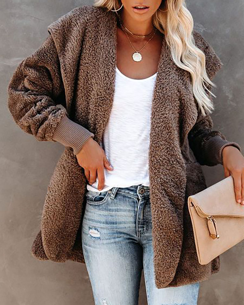 

Pocket Design Long Sleeve Hooded Teddy Coat, Khaki