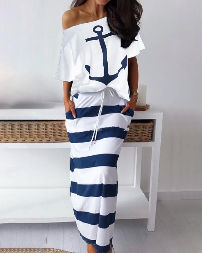 

Boat Anchor Print T-Shirt & Striped Drawstring Skirt Set, White