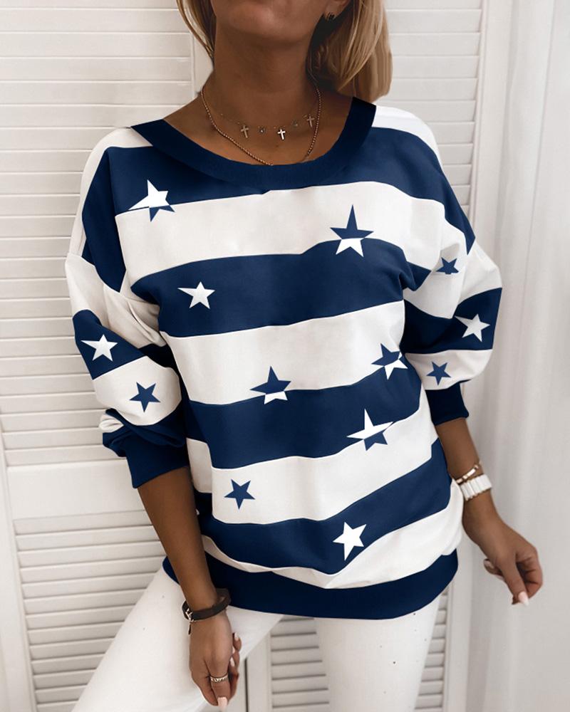 

Star Print Striped Long Sleeve Sweatshirt, Purplish blue