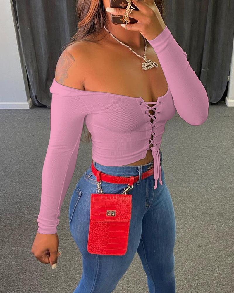 

Eyelet Lace-up Long Sleeve Ribbed Crop Top, Pink