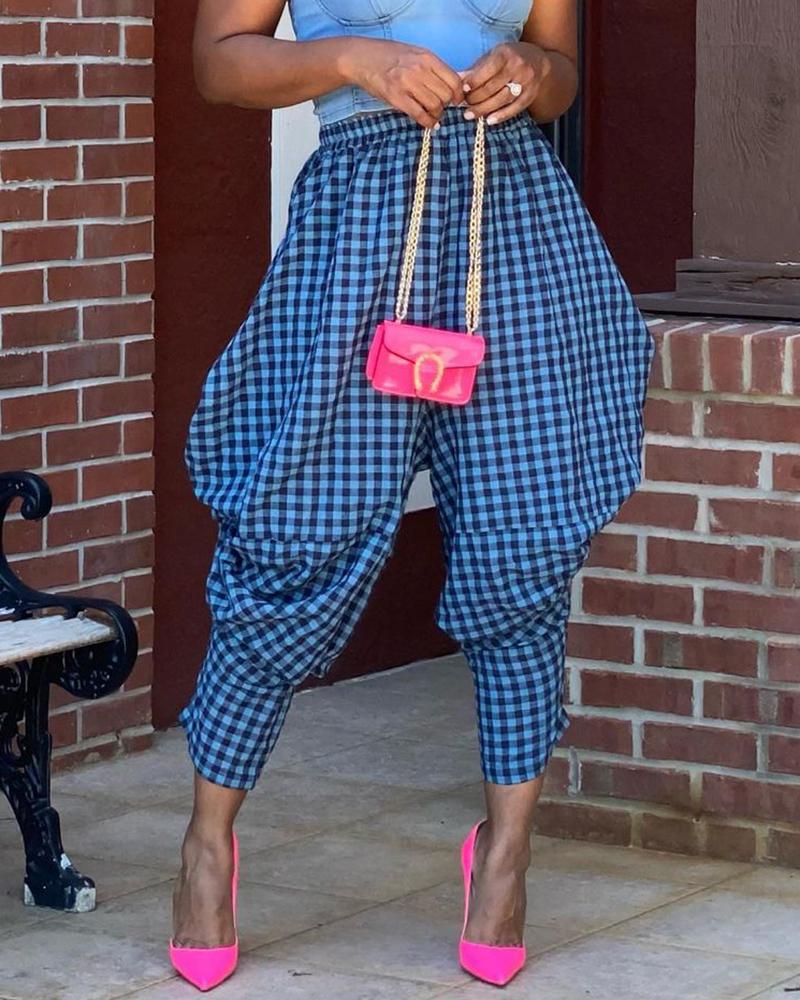 

High Waist Plaid Print Harem Pants, Blue