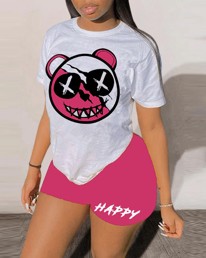 

Cartoon Letter Print Causal Top & Shorts Set, Hot pink