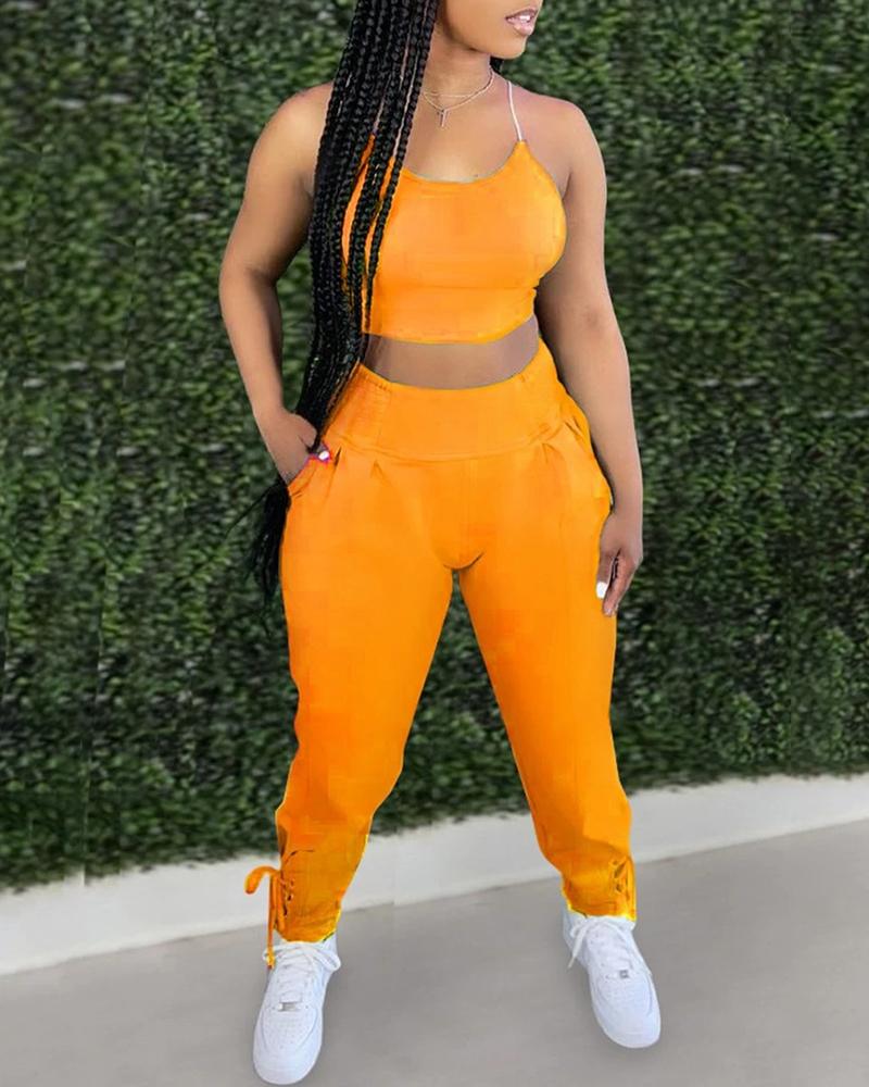 

Spaghetti Strap Crop Top & High Waist Pants Set, Orange