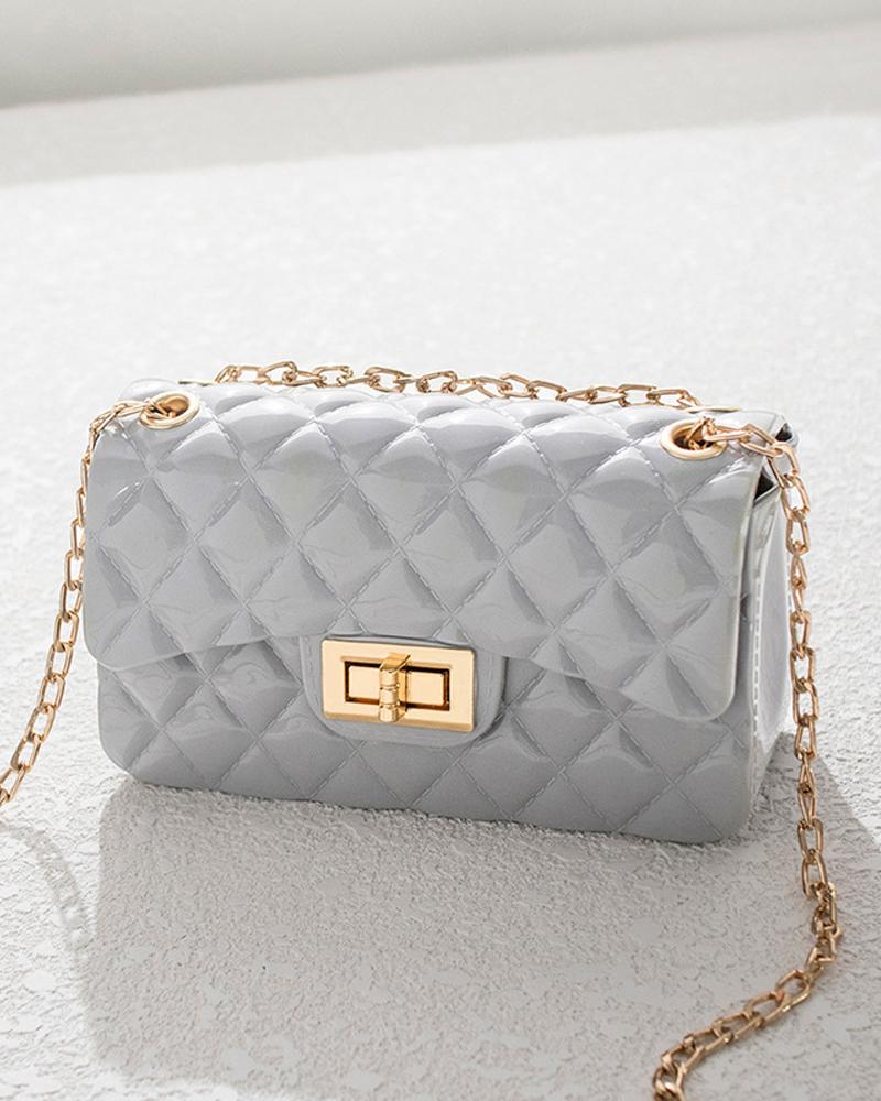 

Quilted Twist Lock Chain Strap Flap Crossbody Bag, Gray