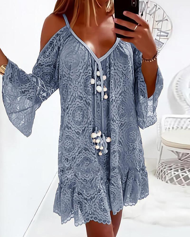

Tassel Design Flared Sleeves Lace Dress, Blue