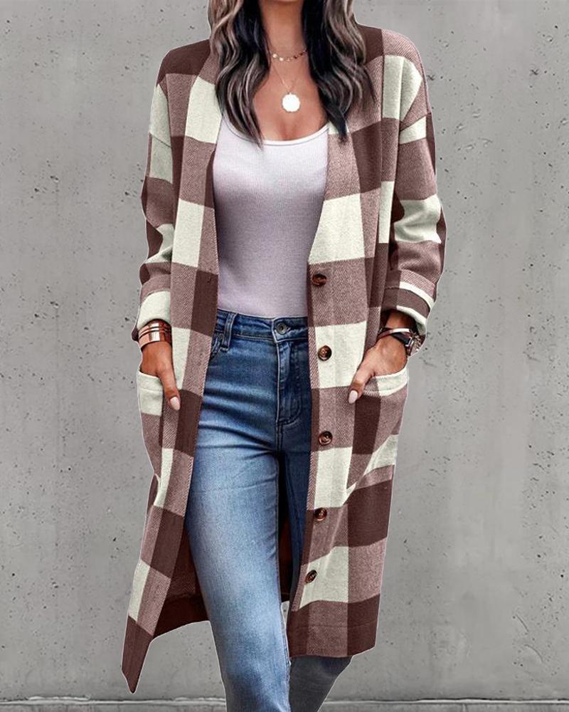 

Plaid Print Pocket Detail Longline Coat, Light brown