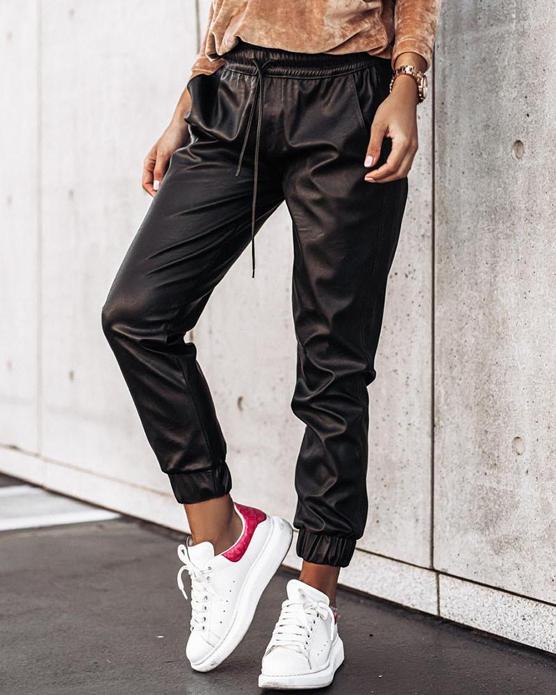 

Drawstring Pocket Design PU Leather Pants, Black