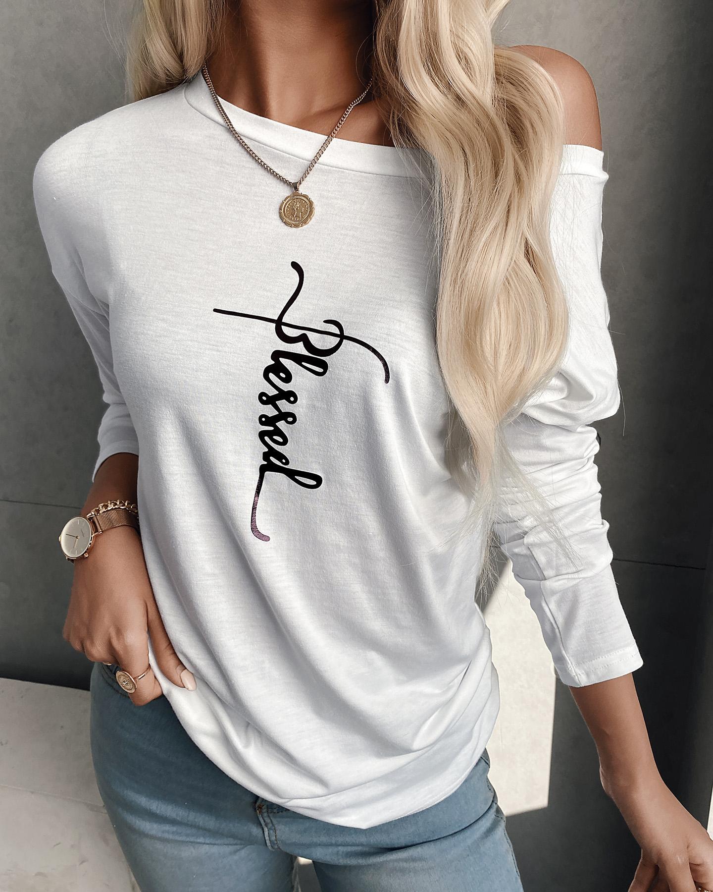 

Letter Print Long Sleeve Casual Top, White