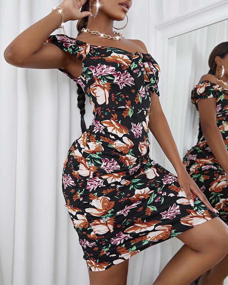 

Tied Detail Floral Print Ruched Bodycon Dress, Black