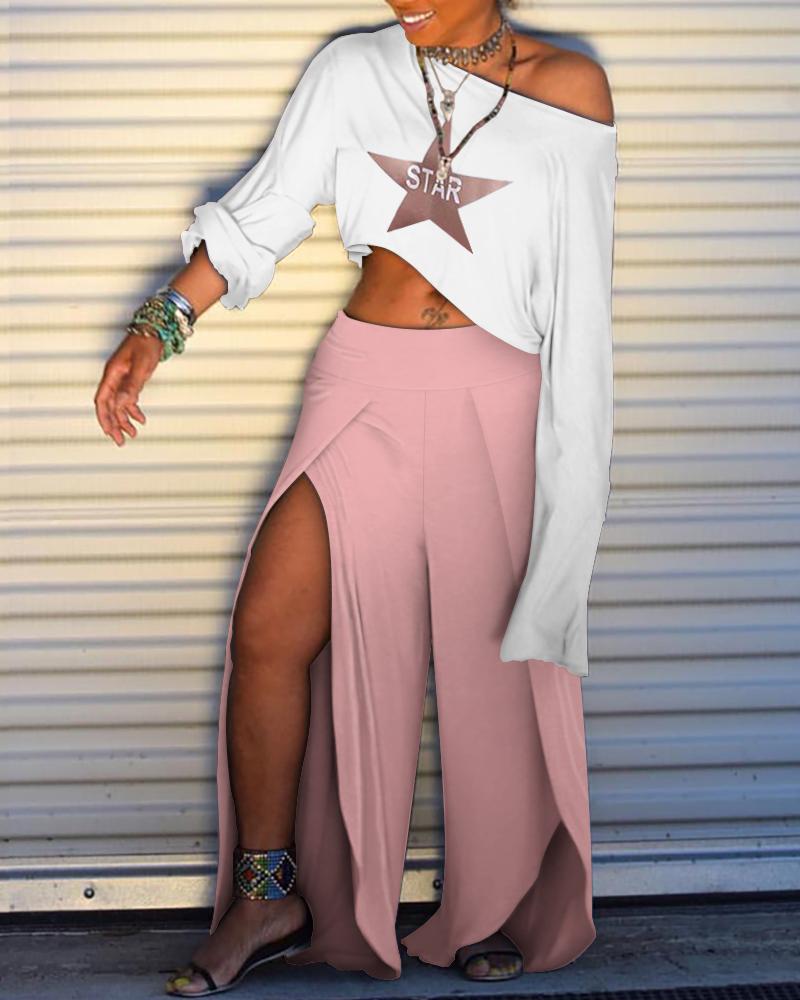 

Star Print Long Sleeve T-shirt & Slit Pant Sets, Pink