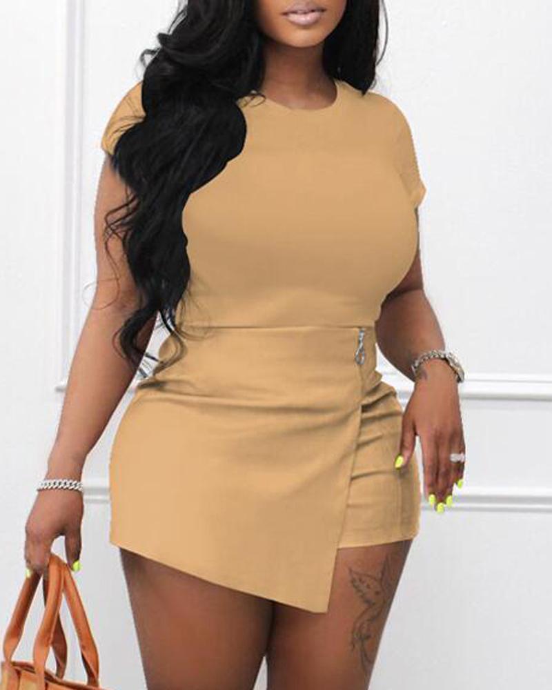 

Plain Casual Top & Skorts Set, Khaki