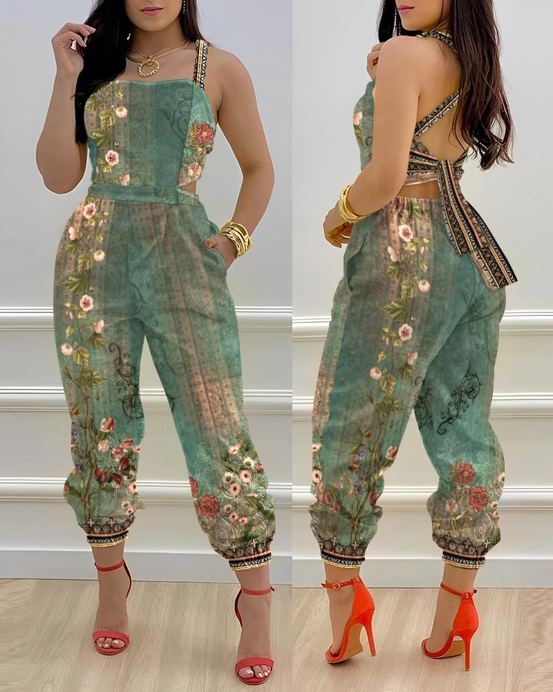 

Floral Tribal Print Backless Cuffed Jumpsuit, Multicolor