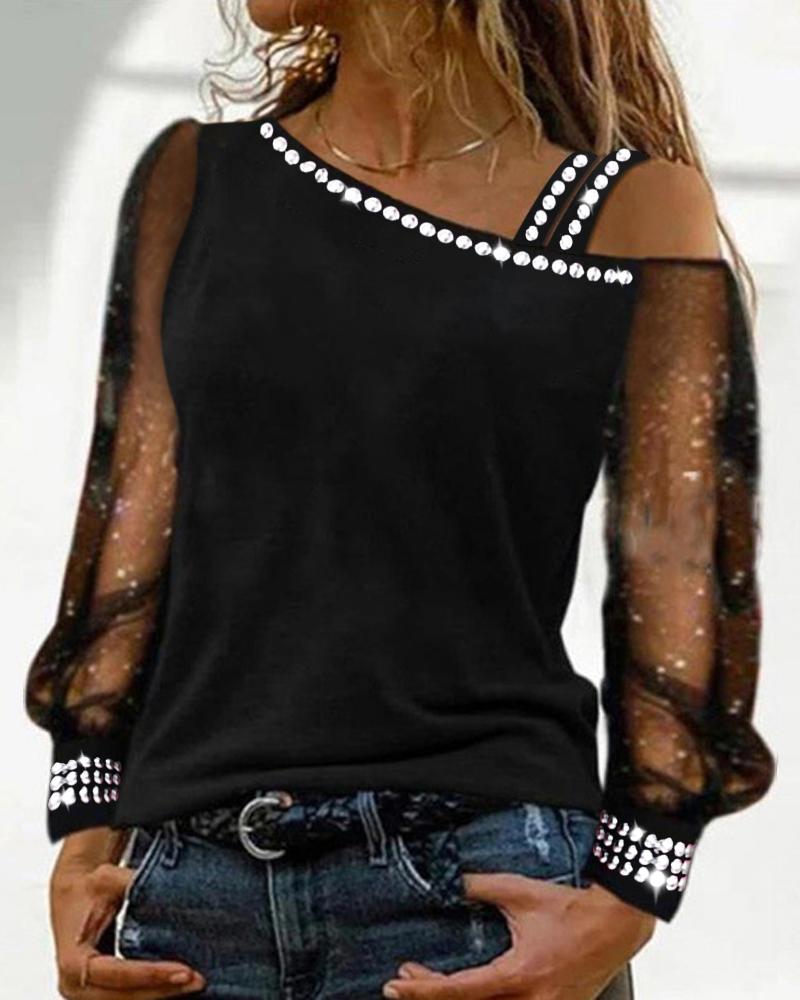 

Rhinestone Contrast Mesh Cold Shoulder Top, Black
