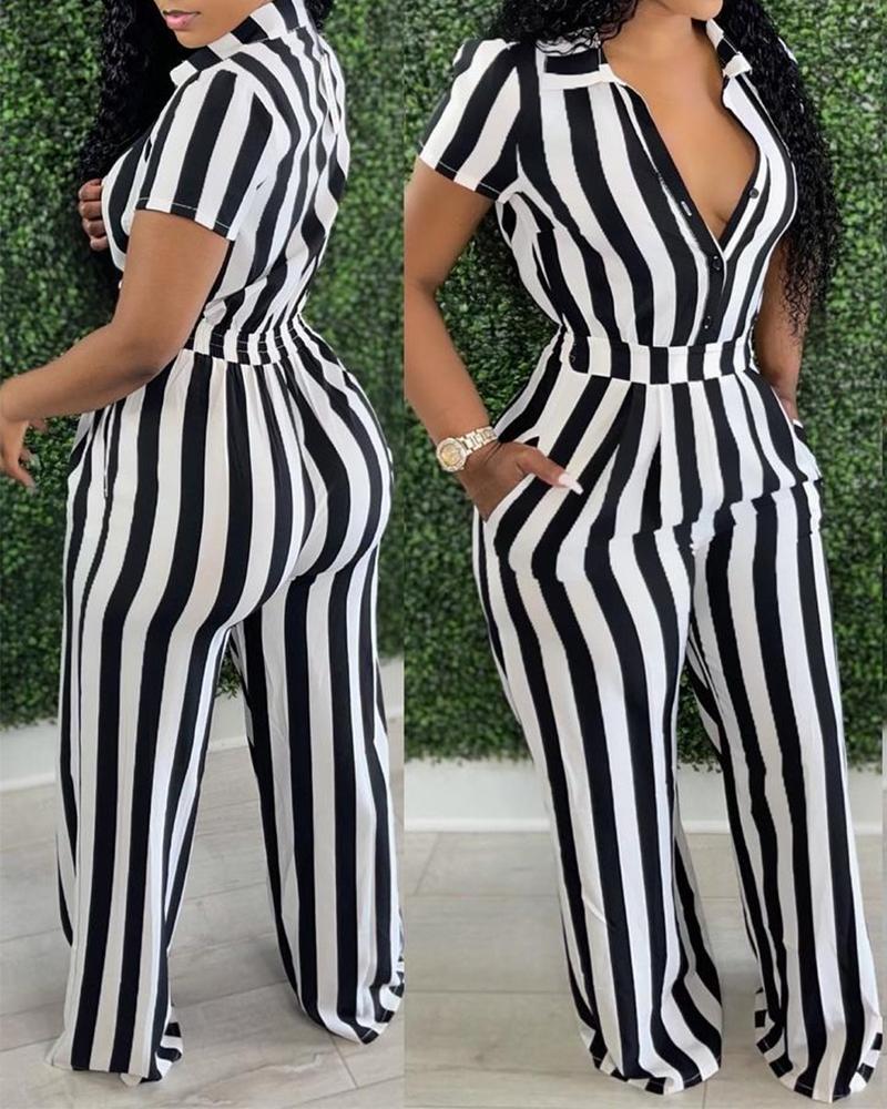 

Striped Print Button Front Wide Leg Jumpsuit, Black