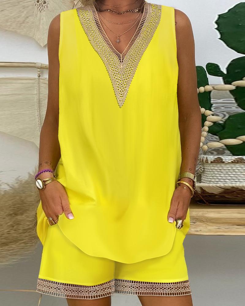 

Lace Patch Tank Top & Shorts Set, Yellow