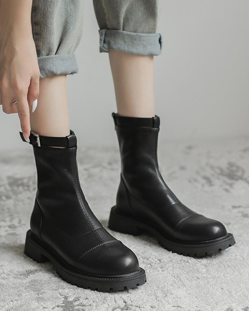 

Round-toe Solid Color Back Zipper Tube Ankle Boots, Black