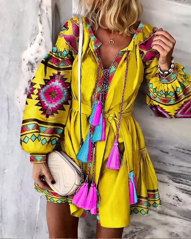 

Retro Print Tassel Design Lantern Sleeve Dress, Yellow