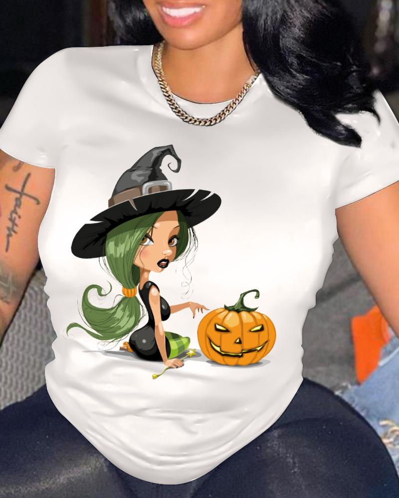 

Halloween Graphic Pumpkin Print Casual T-shirt, Beige