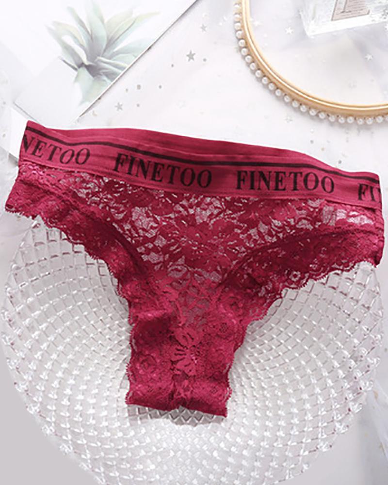

Letter Trim Crochet Lace Thong Panty, Wine red