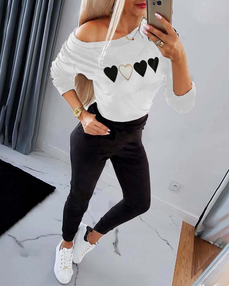 

Heart Print Sweatshirt & Pocket Design Pants Set, White