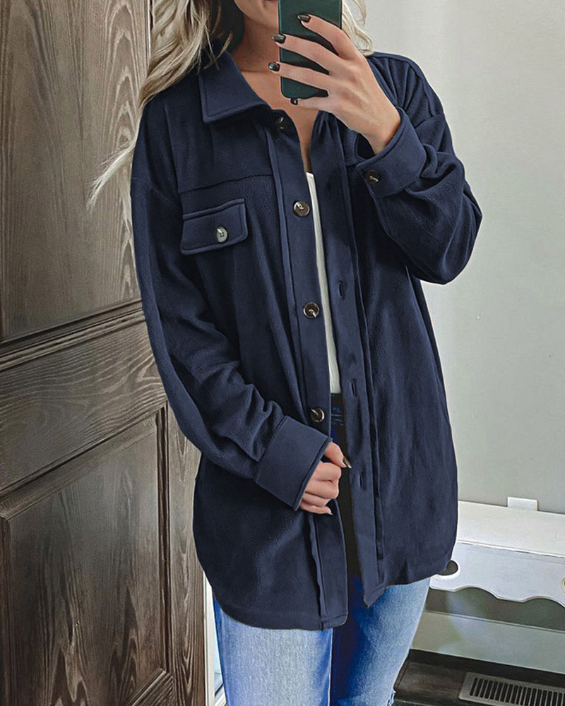 

Long Sleeve Flap Detail Button Down Shacket, Purplish blue