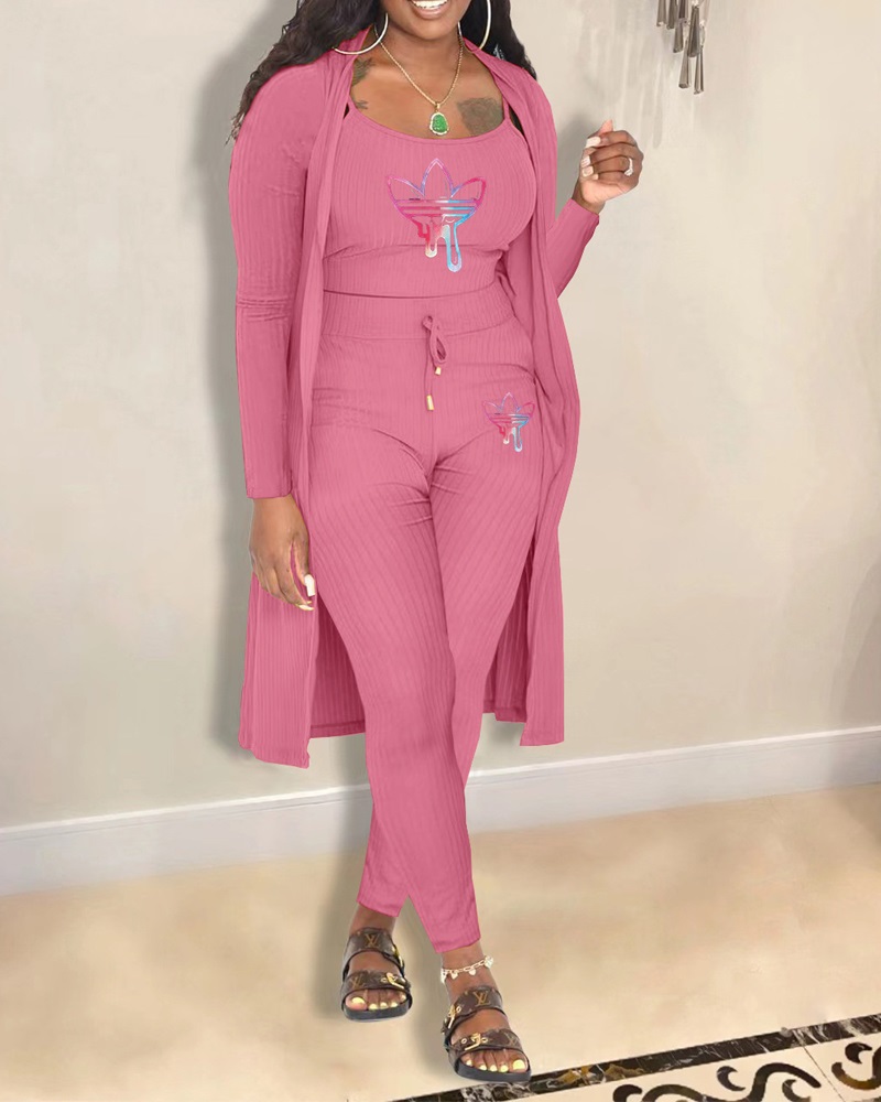 

3PCS Graphic Print Ribbed Cami Top & Pants Set With Coat, Pink
