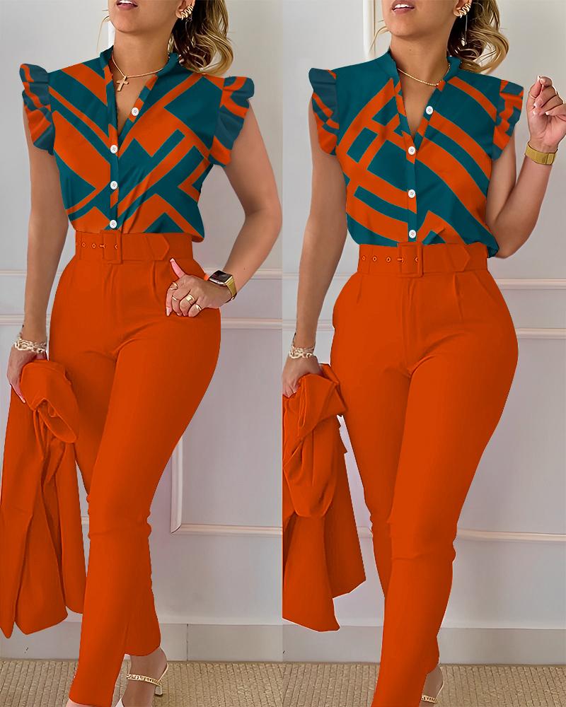 

Geometric Print Flutter Sleeve Top & Pants Set With Belt, Orange