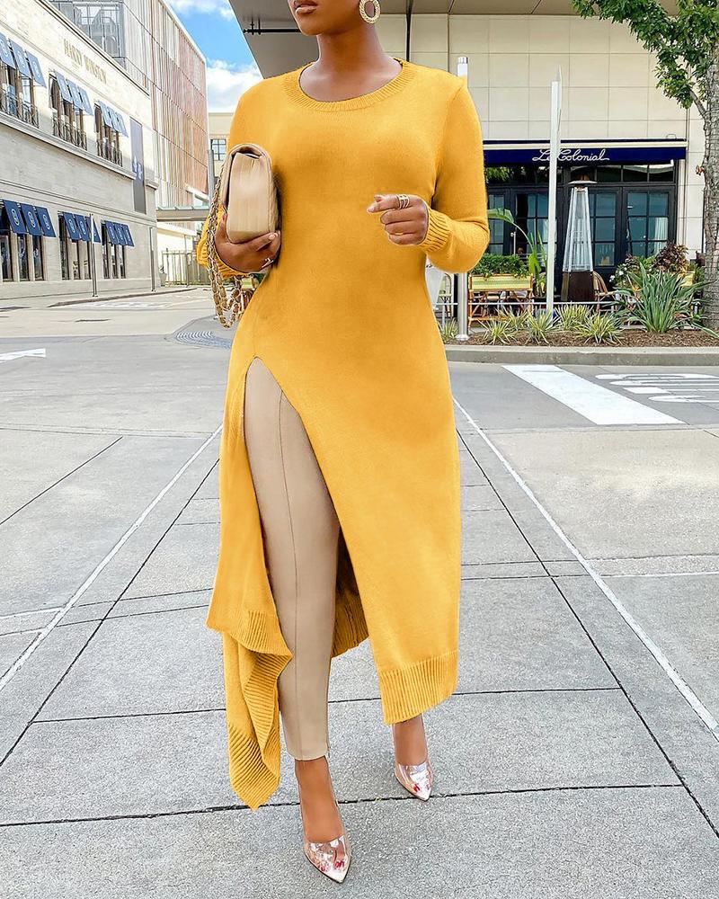 

Ribbed High Slit Plain Sweatshirt, Yellow