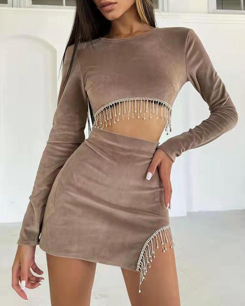 

O Neck Tassel Decor Backless Crop Top & Slit Skirt Set, Khaki